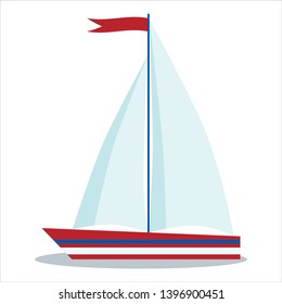 Icon of blue and red sailboat with two sails isolated on white background. Vector flat cartoon style illustration. Children marine style design elements. 