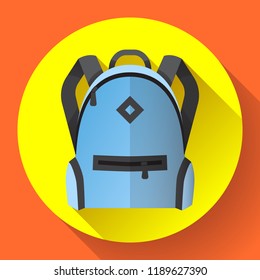 Icon of blue school school or travel backpack. Backpack with pockets for schoolchildren, students. Isolated on white background. Vector illustration.