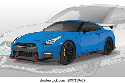 Icon Blue Sport Car Vector Template Illustration Can Use Logo T Shirt, Apparel, Sticker Group Community Nissan GTR 35 , Poster, Flyer Banner Modify Auto Show, Tokyo Drift Fast Furious Movie