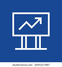 Tablero de íconos con gráfico de flecha sobre fondo azul que representa el informe de negocios, las ganancias y el crecimiento