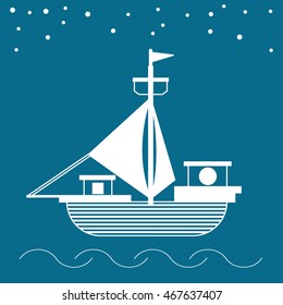 Icon boat. Cartoon, white vector illustration on a blue background