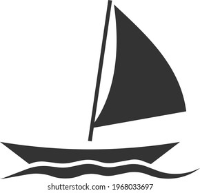 Icon of a boat floating on the waves with sails. A vehicle of sea or river transport. Vector image isolated on a white background. Flat icon in black style.