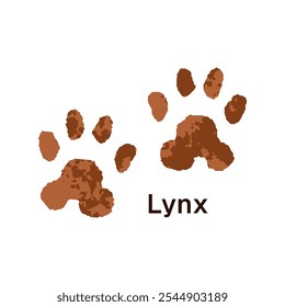 Icon of bobcat trails. Print of lynx paws, claws with inscription. Traces of wild big cat on ground. Tracks, foot silhouettes of forest animal. Flat isolated vector illustration on white background.