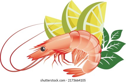 Icon of boiled shrimp with lemon and lime slices with green leaves in flat style, seafood. Isolated on white background