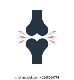 Icon of bone joint with pain. Arthritis of knee. Logo of rheumatology or osteoporosis. Symbol of skeleton, orthopedic care and anatomy. Pain in leg after inflammation, cracking and fracture. Vector.