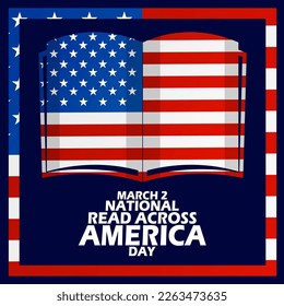 Icon of a book with the American flag and bold text in a frame on a dark blue background to commemorate National Read Across America Day on March 2