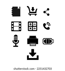 Icon book, cart, network, film, calculation, phone, microphone, print, baterai, and download icon