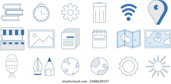 icon, book, clock, setting, trash bin, wifi, map, note, picture, sun, pen, pencil, mic, earth