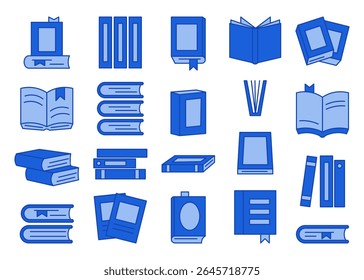 Icon book. Logo study, blue dictionary, notebook, magazine stack. School education in library. Encyclopedia paper isolated simple element. Learning pictogram symbol, web graphic. Vector tidy set