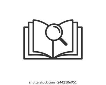 Icon with book and a magnifying glass for search. Vector illustration