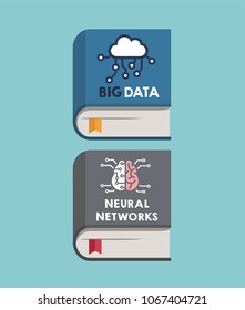 Icon of books about big data, artificial intelligence and neural networks. On the cover is a data cloud and a brain with neural connections.
