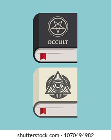 Icon of books about occult and magic symbols. On the cover is a five-pointed star and an all-seeing eye.