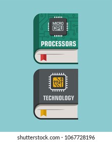 Icon of books about technology of mechanical engineering and processors. On the cover is a microchip and a processor.