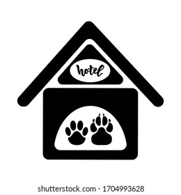Icon of booth with trace of paw of cat, dog, inscription. Logo for pets hotel, club, shop, veterinarian clinic. House domestic animal. Black color. Vector illustration.