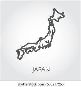 Icon of border Japan map. Vector contour shape of country in black thin line design with signature