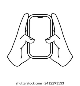 Icon of both hands holding a phone. Simple illustration of a hand holding a smartphone. Symbol of hand with phone