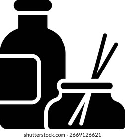 El ícono de una botella que contiene aceites esenciales, soluciones de fragancia o líquidos de aromaterapia crea una atmósfera tranquila y calmante, reduce el estrés y mejora el sentimiento.