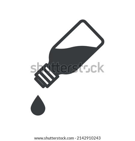 Icon of a bottle with a leaking liquid. Simple line art of a small bottle with a falling drop. Vector over white background.