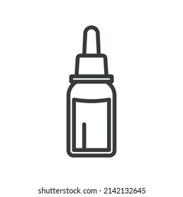 Icon of a bottle with a pipette. A simple line drawing of a glass bottle of medicine or essential oil. Isolated vector on white background.