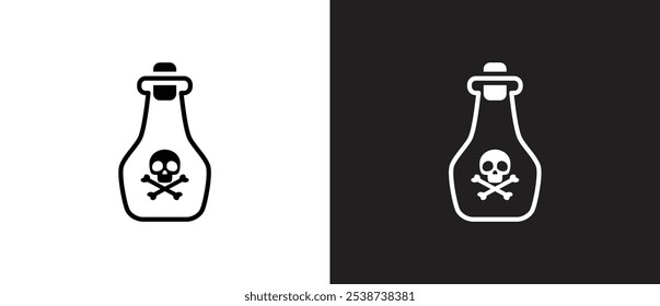 Ícone de uma garrafa com conteúdo tóxico, Rótulo Hazmat em uma garrafa de embalagem. Emblema de substância tóxica, garrafa química com ilustração do vetor do rótulo do sinal de perigo no fundo preto e branco.