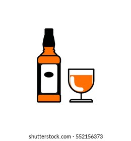 Icon bottle of whiskey with a glass of whiskey. Vector Linear flat