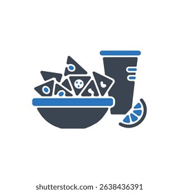 Icon of a bowl of snacks with a drink and lime.