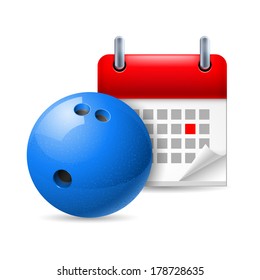 Icon of bowling ball and calendar with marked day. Sport event