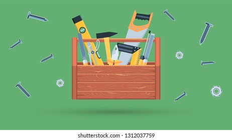 Icon box with construction tools on a green background in the middle of bolts, nuts, screws and nails. Wide angle eps10 vector illustration
