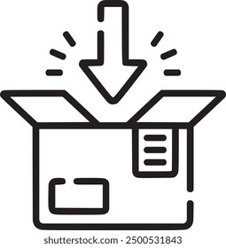 An icon of a box with a download arrow, symbolizing shipping, package delivery, logistics, and e-commerce in a minimalist style. EPS