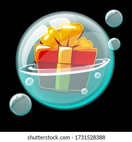 Icon box with a gift bow in a soap bubble. Cartoon Vector gift in a big bubble.