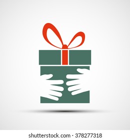 Icon of Box with a gift in hands. Stock vector illustration.