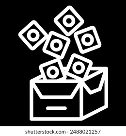 Icon box glyph icon. An open box with various icons flying out, symbolizing creativity, ideas, and diverse content. Perfect for design, packaging, and multimedia themes.