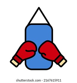 Icon Of Boxing Pear And Gloves. Editable Bold Outline With Color Fill Design. Vector Illustration.