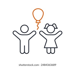 Icon of a boy and girl with a balloon, symbolizing childhood joy and playfulness. Vector illustration. Editable stroke.