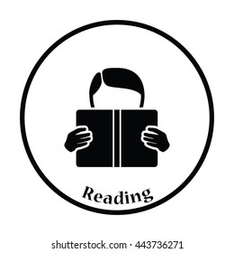 Icon of Boy reading book. Thin circle design. Vector illustration.