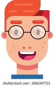 Icon of a boy's face with medical glasses and orange hair and freckles on the face on a white background