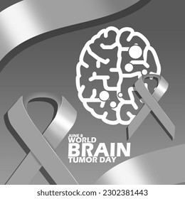 Icon of a brain affected by a tumor with a gray ribbon and bold text on dark gray background to commemorate World Brain Tumor Day on June 8