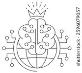 Icon of a brain with circuit connections, a globe, and a crown, symbolizing AI supremacy, innovation, or superintelligence. Vector illustration with thin black lines. Editable stroke thickness