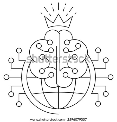 Icon of a brain with circuit connections, a globe, and a crown, symbolizing AI supremacy, innovation, or superintelligence. Vector illustration with thin black lines. Editable stroke thickness