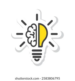 Icon of Brain and light bulb with its reflection and isolated on a blank background - Vector, Illustration, Sticker.