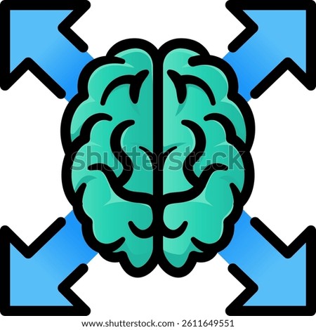 A icon of a brain with outward arrows, symbolizing knowledge expansion, cognitive development, and innovative thinking for business and education logo concept.