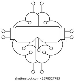 Icon of a brain with VR headset and circuit elements, symbolizing artificial intelligence, virtual reality, and neural networks. Vector pictogram with thin black lines. Line thickness is editable