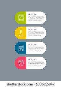 Icon of brainstorm, chess figure, safe box and paper sign sample text vector illustration varied icons, infographic list with work strategy symbols
