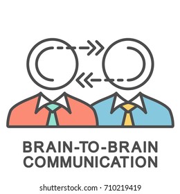 Icon brain-to-brain communication. The interface for transferring information from the brain to the brain. The thin contour lines with color fills.