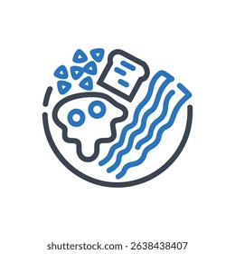 Icon of a breakfast plate with bacon, eggs, and toast.