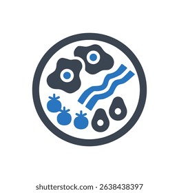 Icon of a breakfast plate with eggs, bacon, and avocado.