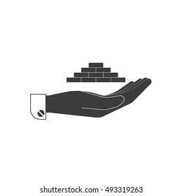 Icon, brick wall on the human palm in black. Stylish vector illustration