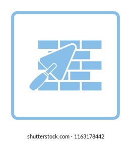 Icon of brick wall with trowel. Blue frame design. Vector illustration.