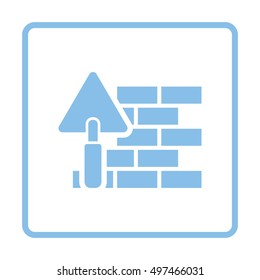 Icon of brick wall with trowel. Blue frame design. Vector illustration.