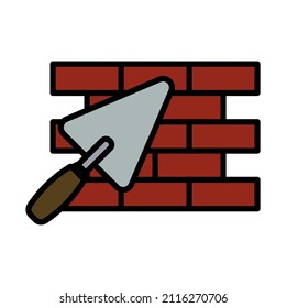 Icon Of Brick Wall With Trowel. Editable Bold Outline With Color Fill Design. Vector Illustration.